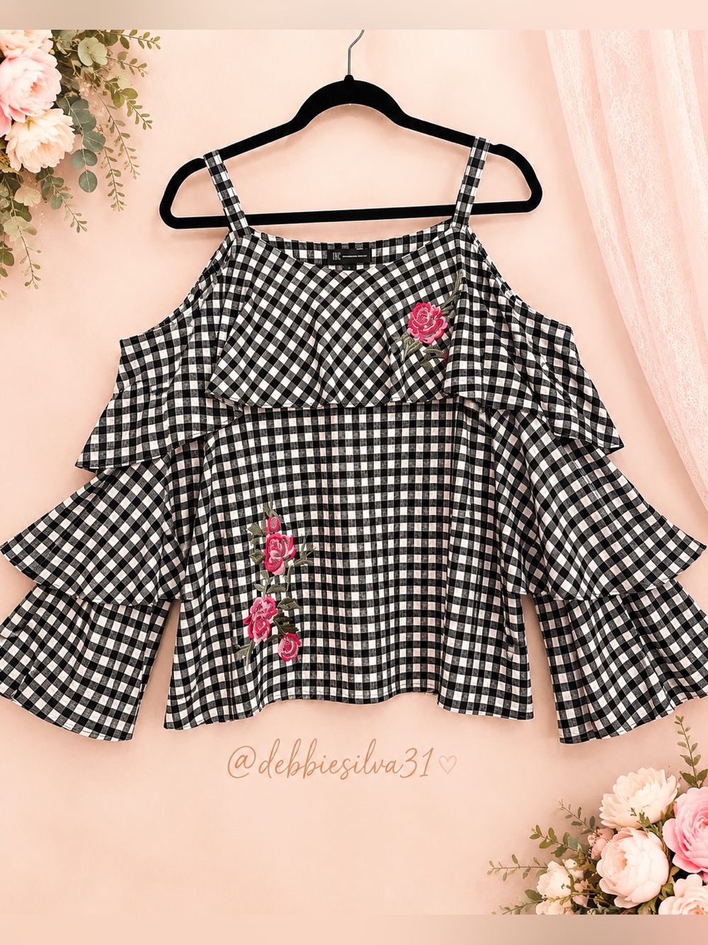 INC Cold Shoulder Gingham Top Large Embroidered Roses Bell Sleeves
